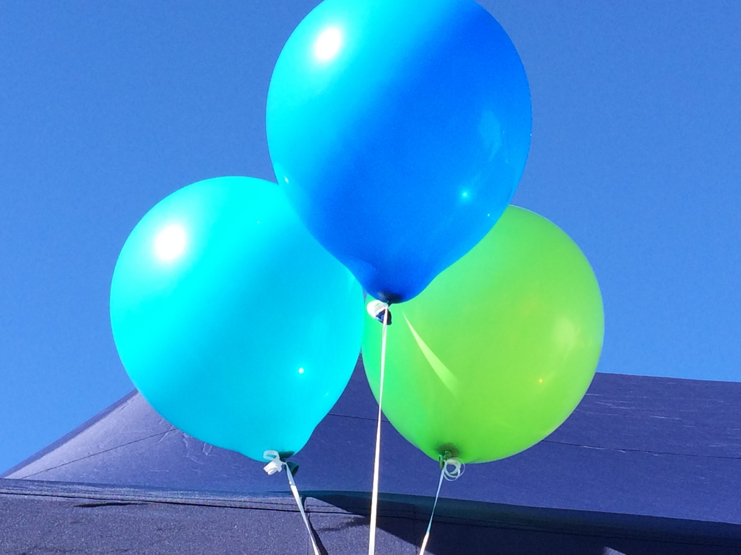 Turkoosi, sininen ja vihreä ilmapallo Tukipilarin teltalla Olonkorjuutorilla.