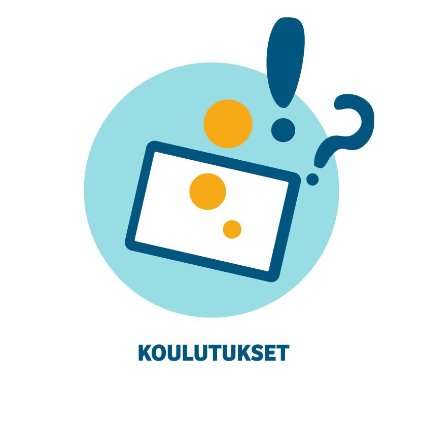 Kuvituskuva koulutuksista. Vaaleansinisen ympyrän keskellä neliskulmio, josta lähteee keltaisia palloja sekä sininen huutomerkki ja kysymysmerkki.
