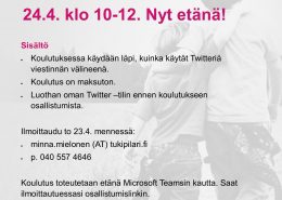 Twitterin käyttökoulutus 24.4. klo 10-12. Nyt etänä! Sisältö Koulutuksessa käydään läpi, kuinka käytät Twitteriä viestinnän välineenä. Koulutus on maksuton. Luothan oman Twitter –tilin ennen koulutukseen osallistumista. Ilmoittaudu to 23.4. mennessä: minna.mielonen (AT) tukipilari.fi p. 040 557 4646 Koulutus toteutetaan etänä Microsoft Teamsin kautta. Saat ilmoittautuessasi osallistumislinkin.