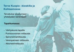 Toiminnallinen yhdistyspäivä: tule ja tutustu 24.3. klo 10-15! Terve Kuopio –kioskilla ja Kohtaamossa. Tervetuloa tutustumaan yhdistysten toimintaan Terve Kuopio -kioskille ja Kohtaamoon! Tapahtumassa: - Värityskuvia lapsille - Puristusvoiman mittausta - Spirometriamittausta - Verenpaineen mittausta - Alkometrimittausta